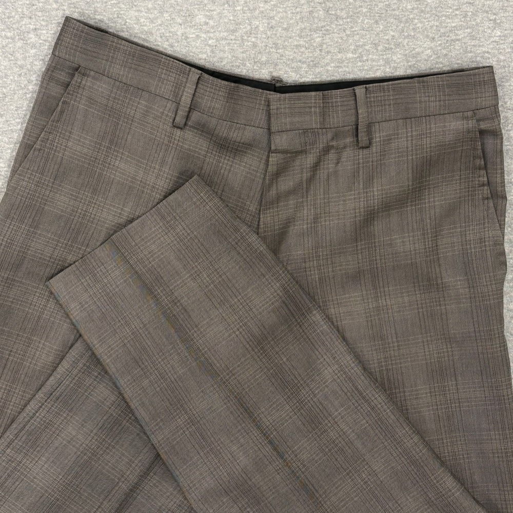 Hugo Boss Dress Pants Mens 40R 32x28.5 Brown Glen Plaid Wool Trousers 100% Wool